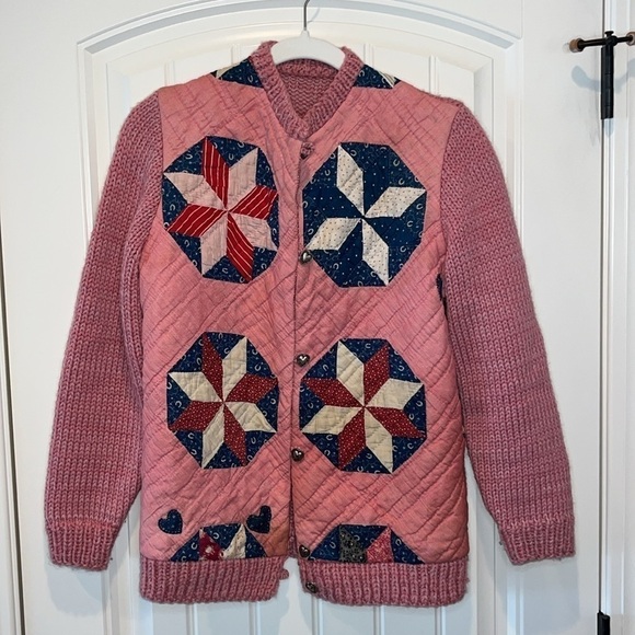Hand Crafted Sweaters - Handmade vintage sweater quilted front folksy boho hippie artsy patchwork M/L